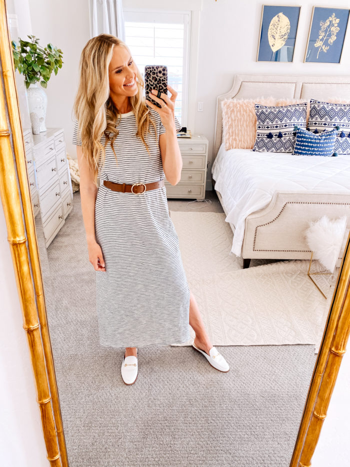 Amazon haul by popular Utah fashion blog, A Slice of Style: image of a woman wearing a Amazon Daily Ritual Women's Lived-in Cotton Short-Sleeve Crewneck Maxi Dress and Amazon belt. 