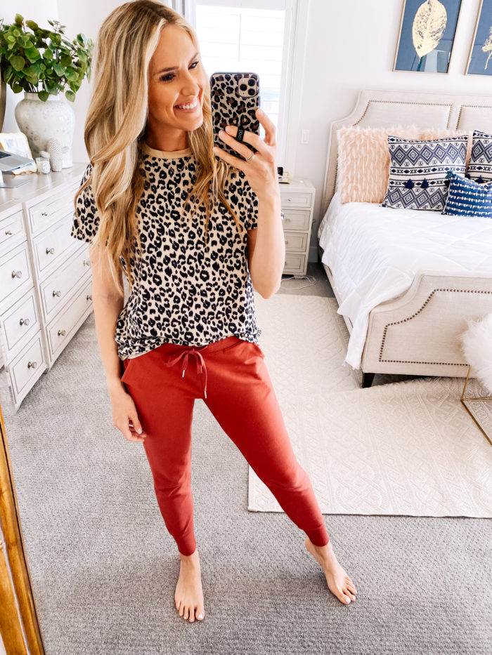 Amazon haul by popular Utah fashion blog, A Slice of Style: image of a woman wearing a Amazon BMJL Women's Casual Cute Shirts Leopard Print Top and Amazon Daily Ritual Women's Terry Cotton and Modal Jogger.