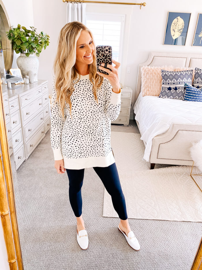 Amazon haul by popular Utah fashion blog, A Slice of Style: image of a woman wearing a Amazon Sam Edelman Women's Linnie Mule, Amazon Daily Ritual Women's Terry Cotton and Modal Side-Vent Tunic, and leggings. 