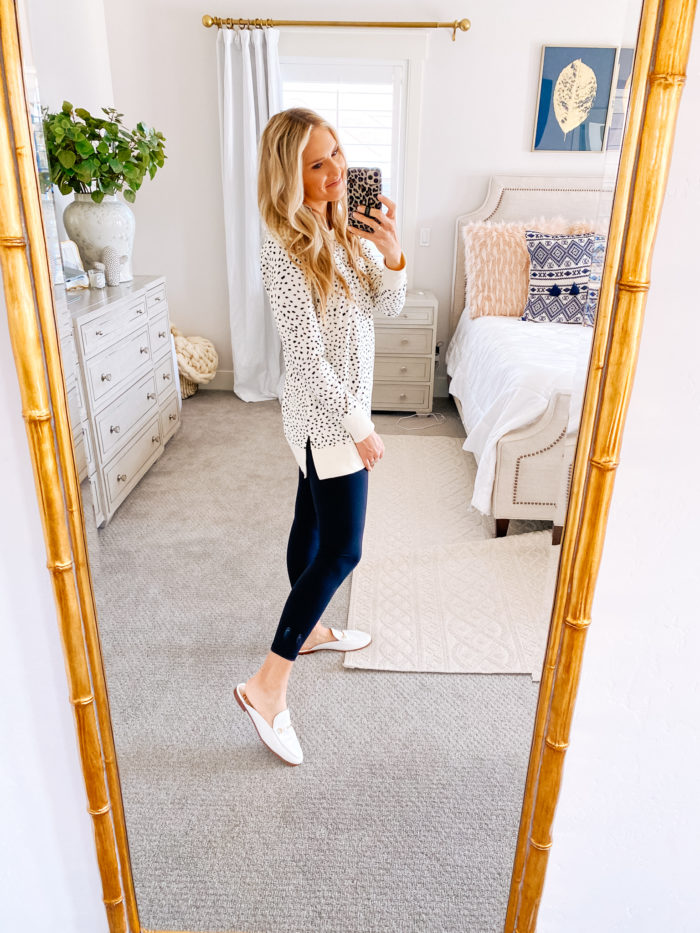 Amazon haul by popular Utah fashion blog, A Slice of Style: image of a woman wearing a Amazon Sam Edelman Women's Linnie Mule, Amazon Daily Ritual Women's Terry Cotton and Modal Side-Vent Tunic, and leggings. 