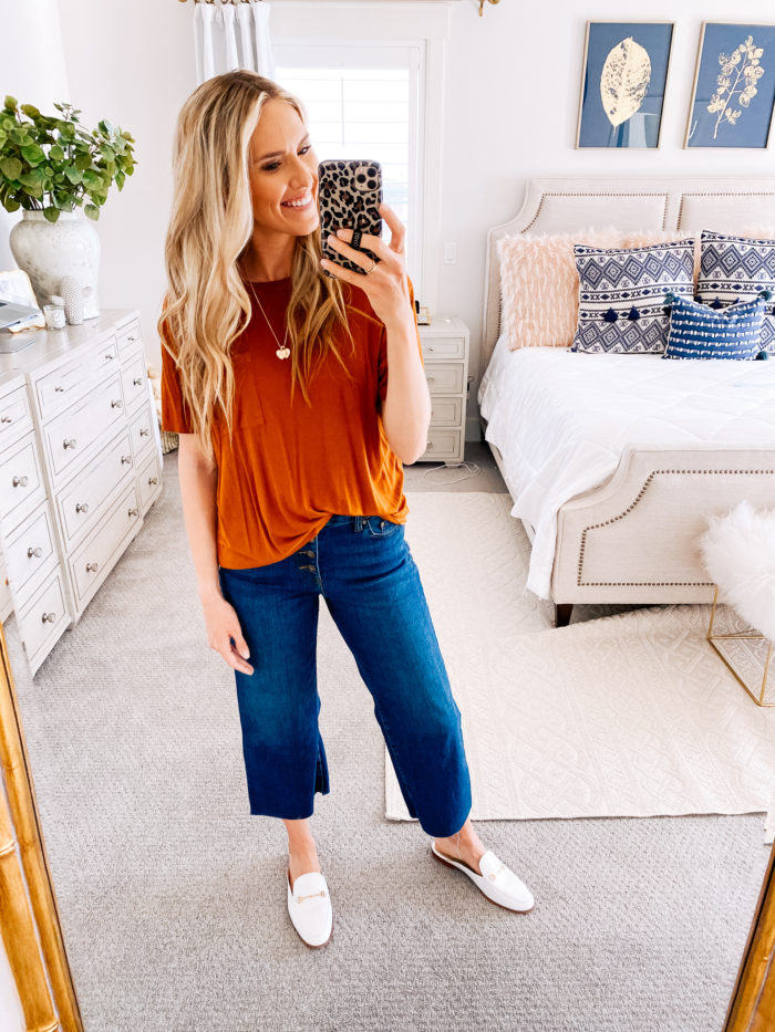 Amazon haul by popular Utah fashion blog, A Slice of Style: image of a woman wearing a Amazon Sam Edelman Women's Linnie Mule, Amazon Daily Ritual Women's Jersey Short-Sleeve Crewneck Boxy Pocket T-Shirt and Amazon Daily Ritual Women's Wide-Leg Crop Jean.