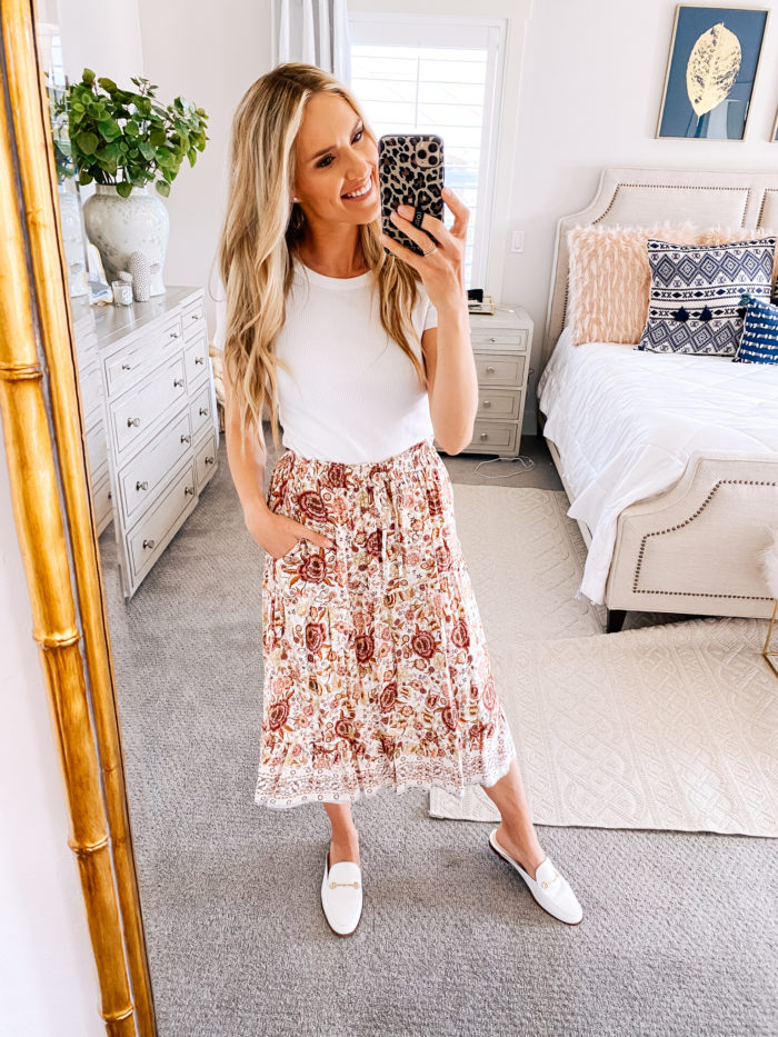 Amazon haul by popular Utah fashion blog, A Slice of Style: image of a woman wearing a Amazon MEROKEETY Women's Boho Floral Print Elastic High Waist Pleated A Line Midi Skirt with Pockets and Amazon Sam Edelman Women's Linnie Mule.