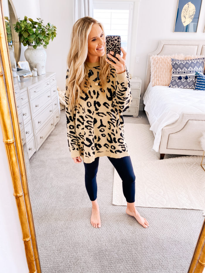 Amazon haul by popular Utah fashion blog, A Slice of Style: image of a woman wearing a Amazon PRETTYGARDEN Women’s Casual Leopard Print Long Sleeve Crew Neck Oversized Pullover Knit Sweaters Top and Amazon leggings. 