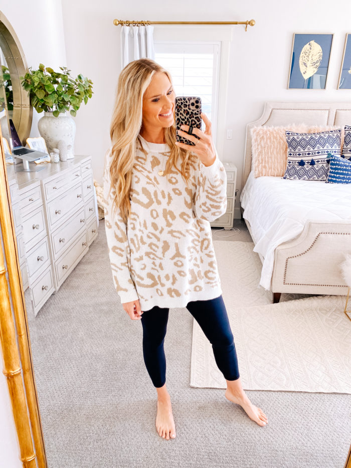 Amazon haul by popular Utah fashion blog, A Slice of Style: image of a woman wearing a Amazon PRETTYGARDEN Women’s Casual Leopard Print Long Sleeve Crew Neck Oversized Pullover Knit Sweaters Top and Amazon 