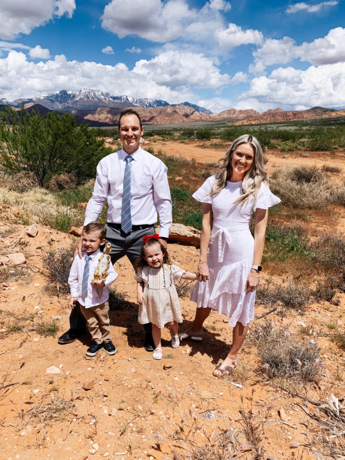 Easter Essentials by popular Utah lifestyle blog, A Slice of Style: image of a family standing outside and wearing Easter Sunday outfits. 