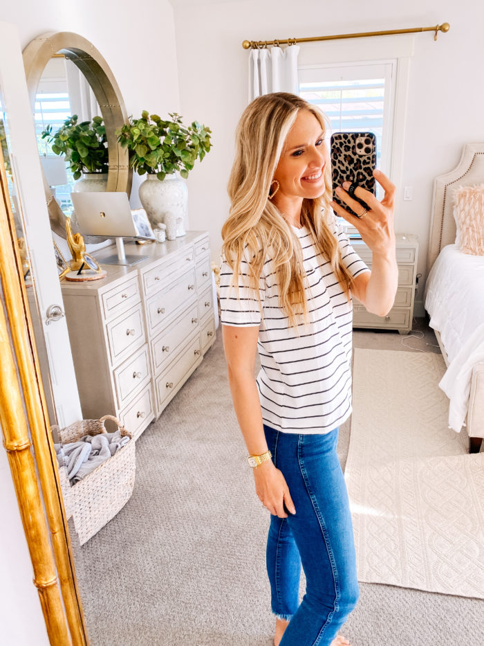 affordable clothes | Walmart fashion by popular Utah fashion blog, A Slice of Style: image of a woman wearing a Walmart Time and Tru  Women's Boyfriend T-Shirt with high waisted denim. 