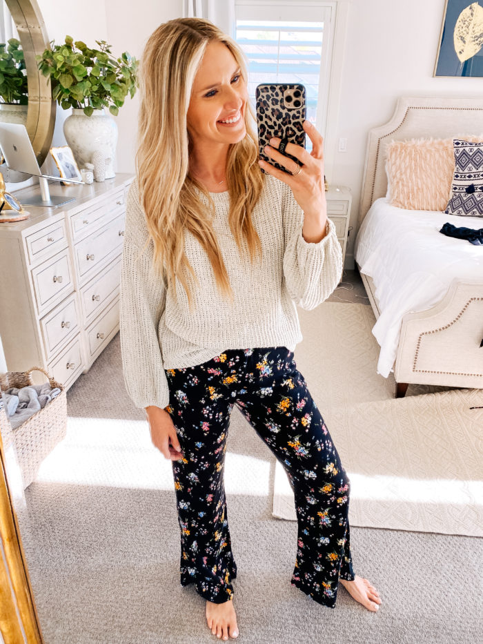 Walmart fashion | Walmart fashion by popular Utah fashion blog, A Slice of Style: image of a woman wearing a Walmart Scoop Women’s Flare Print Pants and a knit cream sweater. 