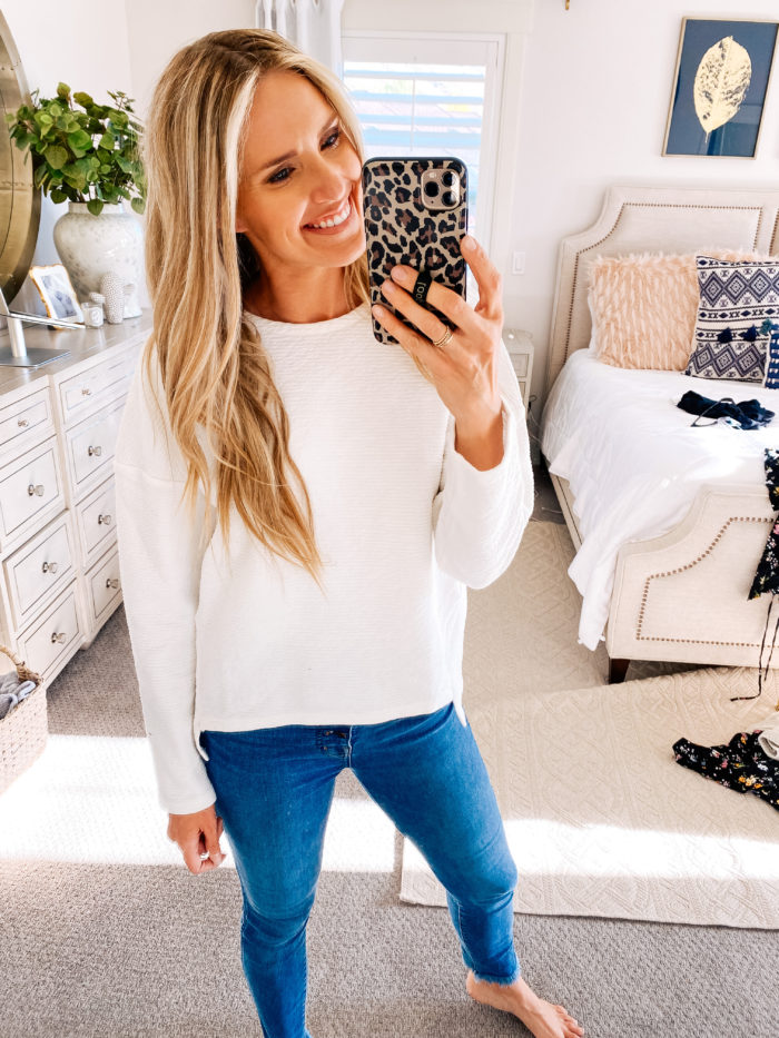 Walmart | Walmart fashion by popular Utah fashion blog, A Slice of Style: image of a woman wearing a Walmart Athletic Works Women's Athleisure Ottoman Long Sleeve Top with high waisted denim. 