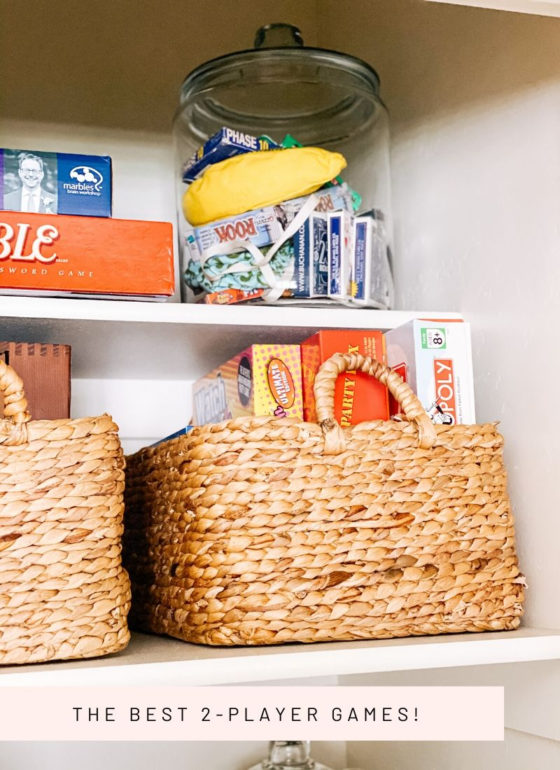 2-player games | 2 Player Games by popular Utah lifestyle blog, A Slice of Style: Pinterest image of a game closet with woven baskets containing board games, card games, and art supplies. 