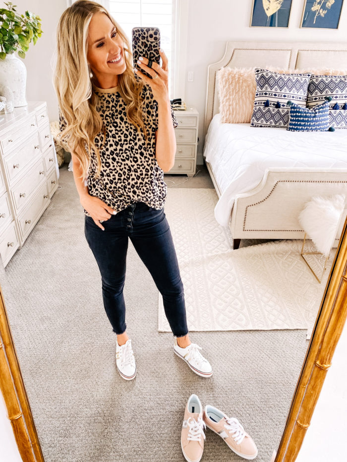 Amazon Fashion Haul by popular Utah fashion blog, A Slice of Style: image of a woman wearing a Amazon BMJL Women's Casual Cute Shirts Leopard Print Tops Basic Short Sleeve Soft Blouse, black jeans, and Amazon Tommy Hilfiger Fentii sneakers. 