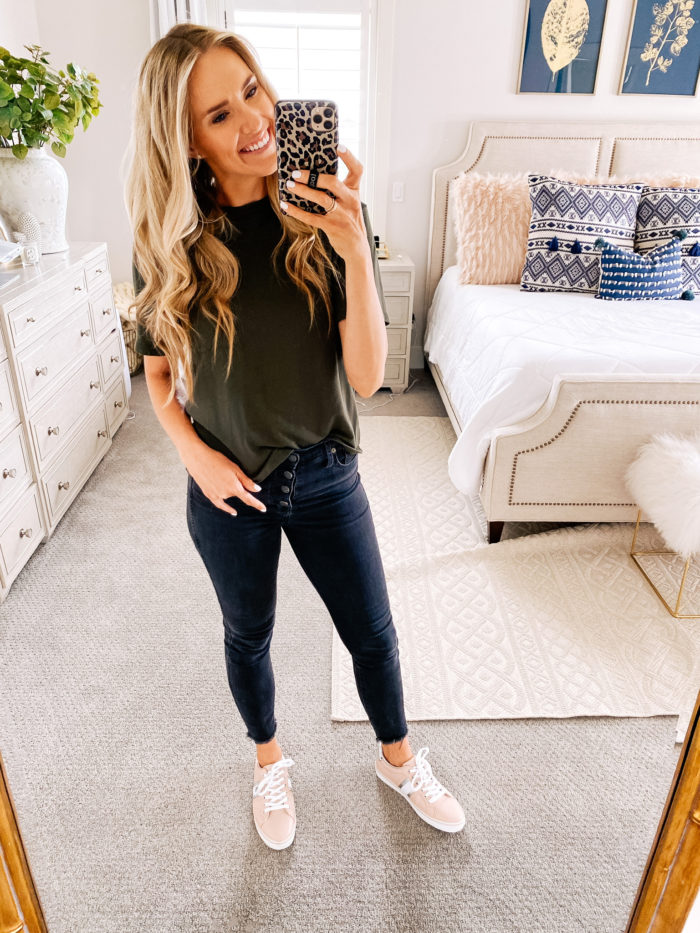 Amazon fashion haul for women | Amazon Fashion Haul by popular Utah fashion blog, A Slice of Style: image of a woman wearing a Amazon Daily Ritual Women's Jersey Short-Sleeve Crewneck Boxy Pocket T-Shirt.