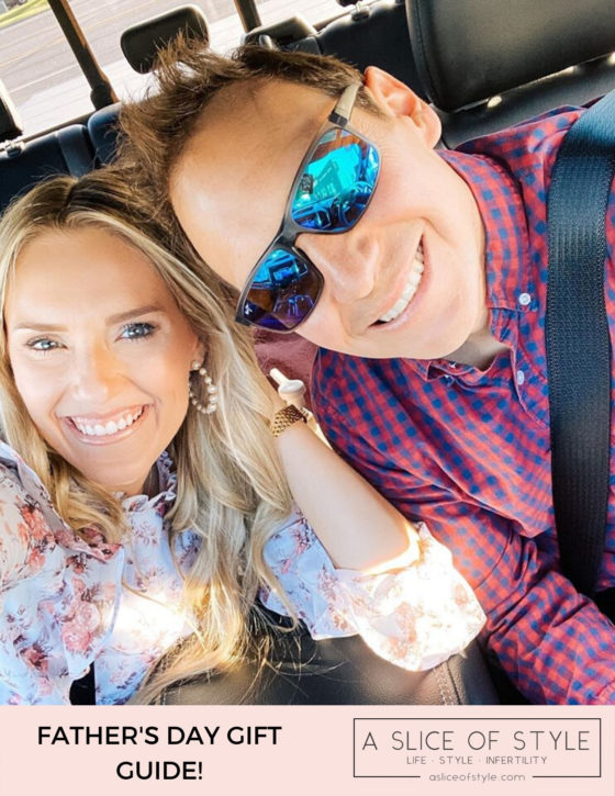 Father's Day Gift Ideas by popular Utah lifestyle blog, A Slice of Style: Pinterest image of a husband and wife sitting together in a car. 