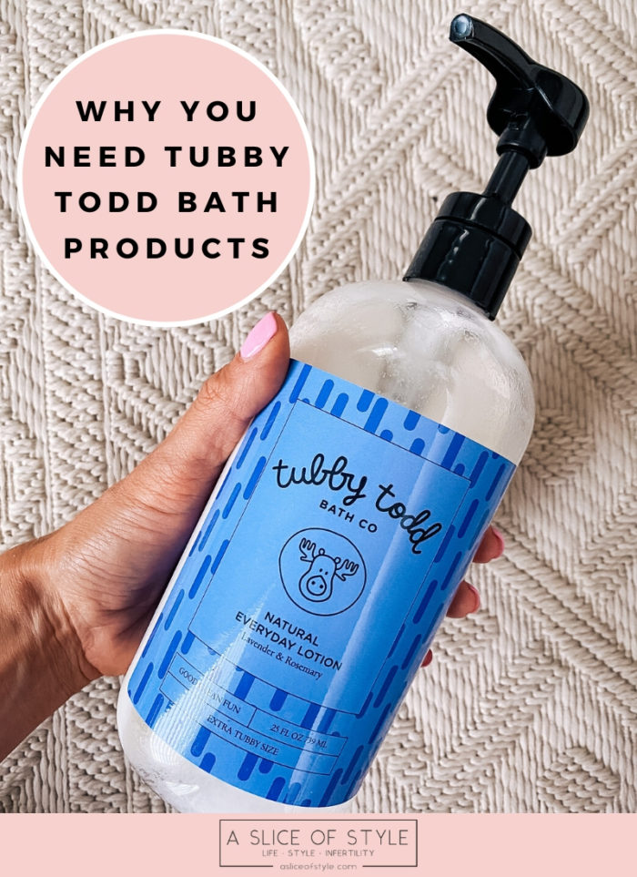 Tubby Todd Discount Code by popular Utah motherhood blog, A Slice of Style: Pinterest image of a woman holding a bottle of Tubby Todd Natural Everyday Lotion. 