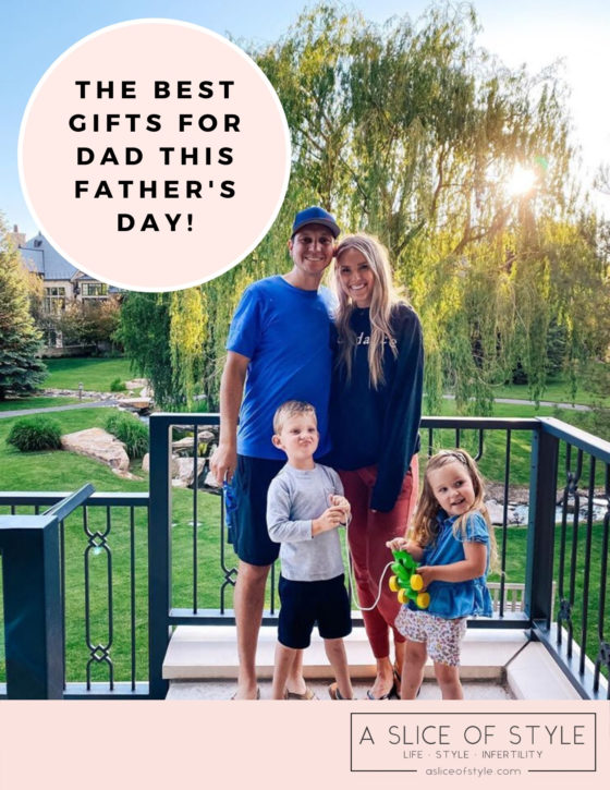 Father's Day Gift Ideas by popular Utah lifestyle blog, A Slice of Style: Pinterest image of a mom and dad standing together with their boy and girl twins. 