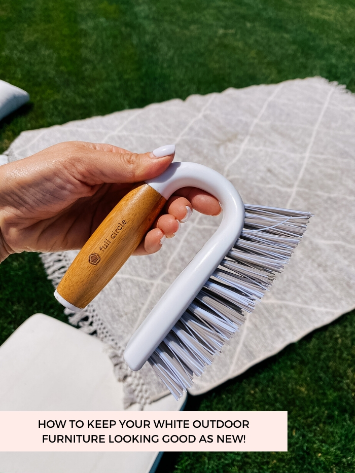 White Outdoor Cushions by popular Utah life and style blog, A Slice of Style: image of Jenica Parcell holding a Full Circle scrub brush. 