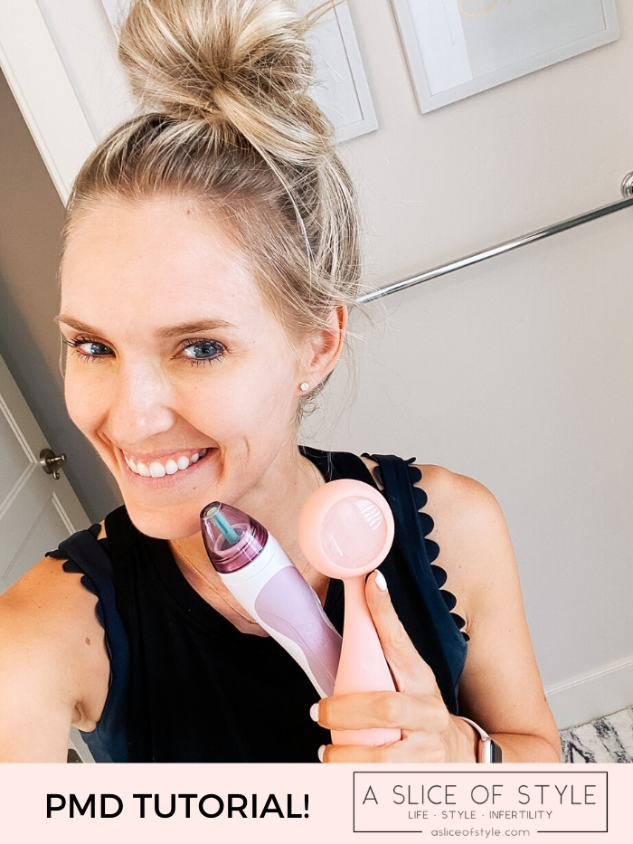 PMD Microdermabrasion by popular Utah beauty blog, A Slice of Style: image of Jenica Parcell holding a PMD smart facial cleaning device and a PMD Personal Microderm Classic. 