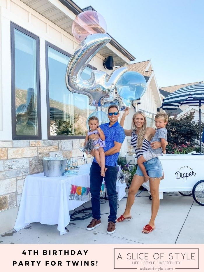 4th Birthday Party by popular Utah motherhood blog, A Slice of Style: image of Jenica Parcell and her husband holding their twin children and bouquet of birthday balloons. 