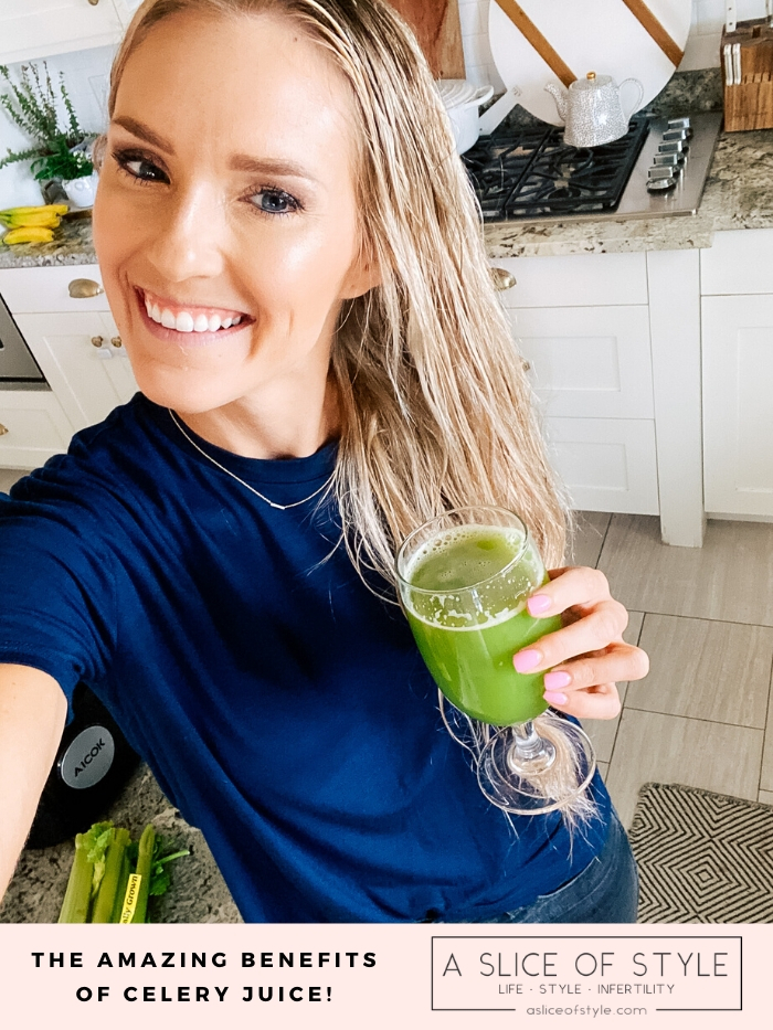 Celery Juice by popular Utah lifestyle blog, A Slice of Style: image of Jenica Parcell holding a glass of celery juice. 