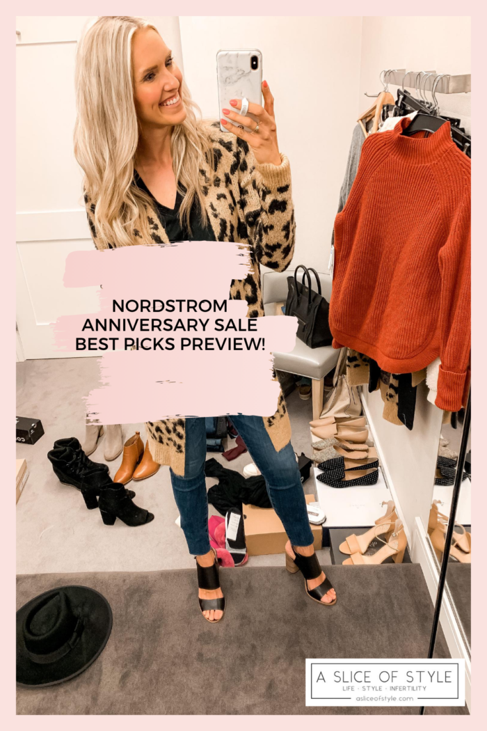 2020 Nordstrom Anniversary Sale Preview featured by top Utah life and style blogger, A Slice of Style. | Nordstrom Anniversary Sale by popular Utah fashion blog, A Slice of Style: image of a woman standing in a Nordstrom dressing room and wearing a leopard print sweater, black shirt, jeans, and black block heel sandals. 
