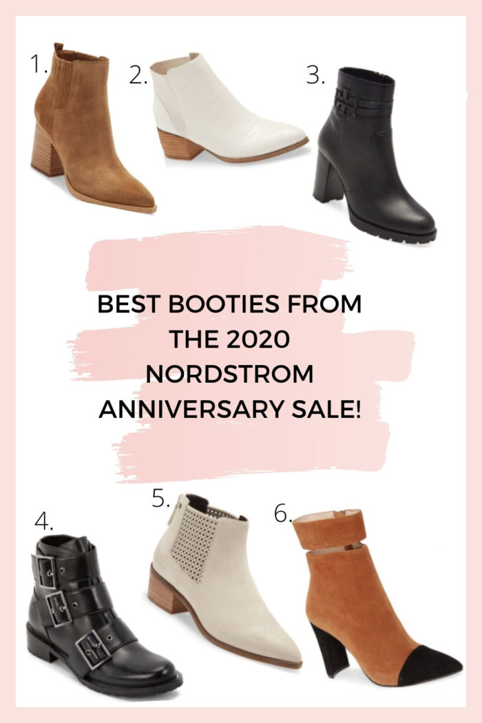 Nordstrom Anniversary Sale by popular Utah fashion blog, A Slice of Style: collage image of Nordstrom Oshay Pointed Toe Bootie, Finn Bootie, Leigh Lug Sole Boootie, Camila Waterproof Bootie, Val Bootie, and Kiki Pointed Toe Bootie