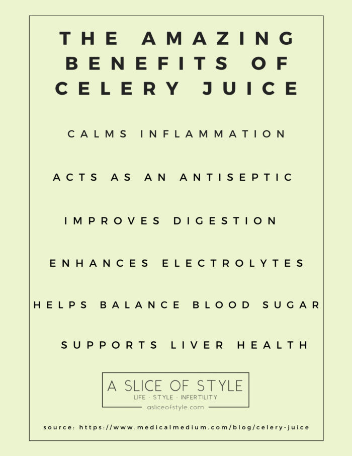 Celery Juice by popular Utah lifestyle blog, A Slice of Style: printable image of the benefits of celery juice. 