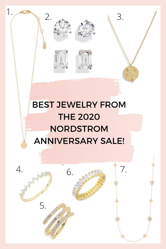 Nordstrom Anniversary Sale by popular Utah fashion blog, A Slice of Style: collage image of a Nordstrom Mini Initial Pendant Necklace, Cubic Zirconia Stuf Earrings, Starburst Medallion Necklace, Stackable Diamond Ring, Multi Wrap Ring, Baguette Eternity Ring, and Rosary Necklace.