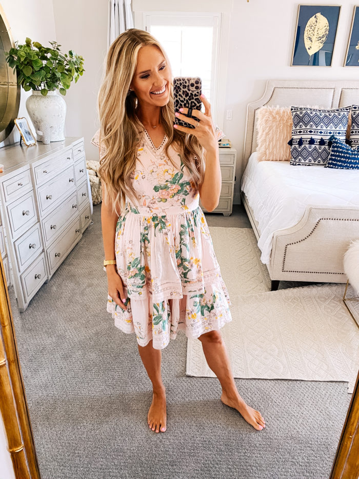 Best Lip Products by popular Utah beauty blog, A Slice of Style: image of Jenica Parcell wearing a pink floral dress, Nordstrom 24/7 Glide-On Lip Pencil URBAN DECAY, Nordstrom Hot Lips Lipstick CHARLOTTE TILBURY, and Nordstrom Full-On™ Plumping Lip Cream BUXOM.