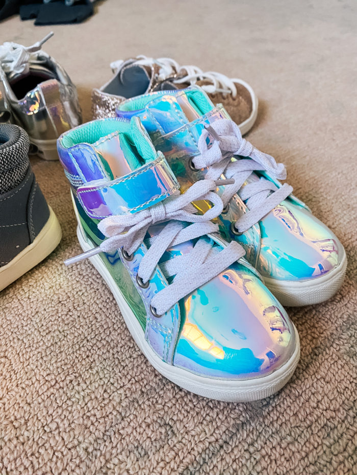 Walmart Back to School Fashion with Walmart featured by top Utah lifestyle blogger, A Slice of Style. | Walmart Back to School by popular Utah lifestyle blog, A Slice of Style: image of a pair of Walmart Wonder Nation Athletic Iridescent High-Top Sneakers. 