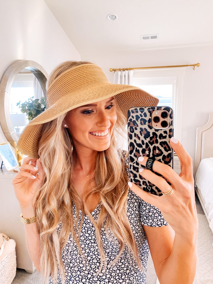 Summer Essentials by popular Utah life and style blog, A Slice of Style: image of Jenica Parcell wearing a pair of Amazon "STUNNING FLAME" 18K Gold Plated Silver Brilliant Cut Simulated Diamond Cubic Zirconia Stud Earrings, straw sun hat, and black and white floral print dress. 