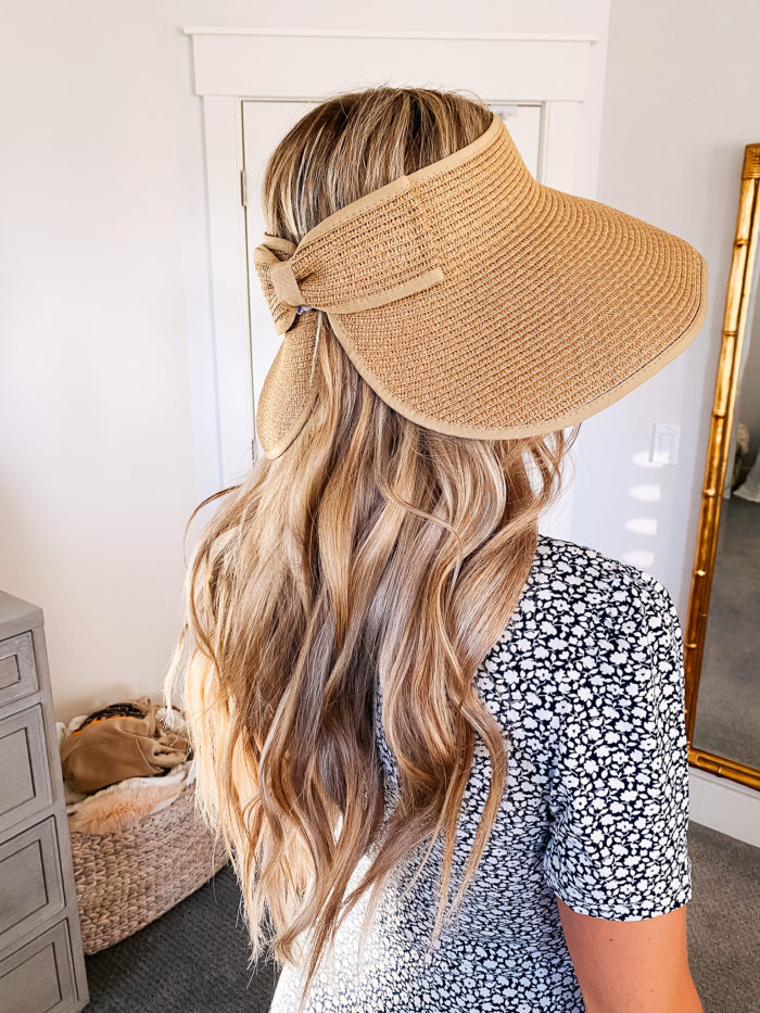 Summer Essentials by popular Utah life and style blog, A Slice of Style: image of Jenica Parcell wearing a pair of Amazon "STUNNING FLAME" 18K Gold Plated Silver Brilliant Cut Simulated Diamond Cubic Zirconia Stud Earrings, straw sun hat, and black and white floral print dress. 
