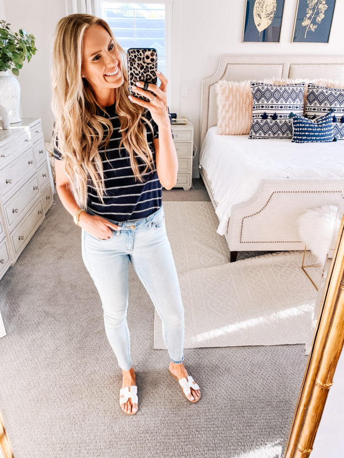 Summer Essentials by popular Utah life and style blog, A Slice of Style: image of Jenica Parcell wearing a Amazon Daily Ritual Women's Cotton Modal Stretch Slub Puff Sleeve T-Shirt.