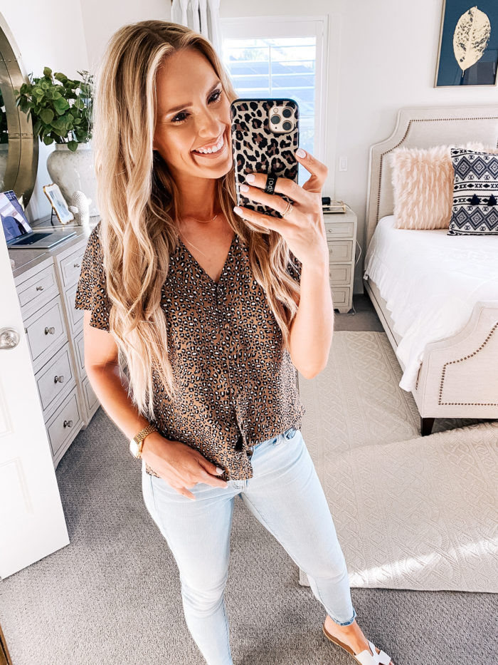 Summer Essentials by popular Utah life and style blog, A Slice of Style: image of Jenica Parcell wearing a Amazon Goodthreads Women's Fluid Twill Covered-Button Short-Sleeve Shirt.