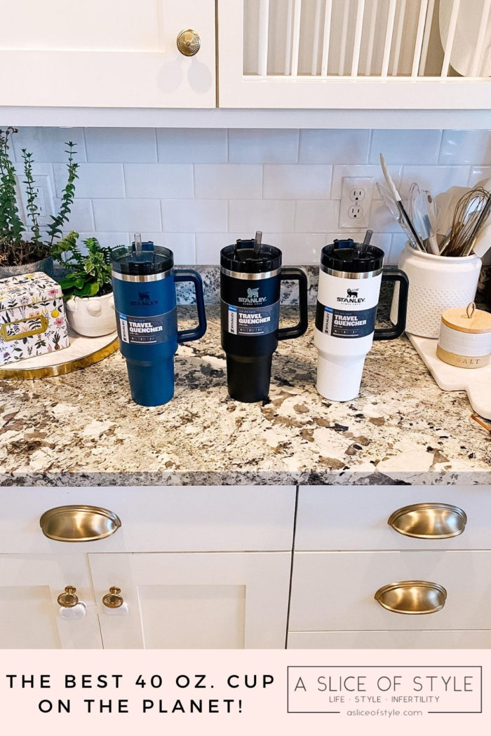 Stanley Travel Mug by popular Utah lifestyle blog, A Slice of Style: image of a black, blue, and white Stanley travel mug. 