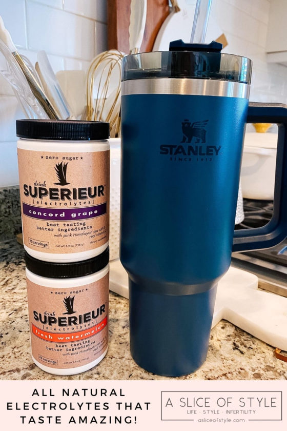 Epstein-Barr Virus by popular Utah lifestyle blog, A Slice of Style: image of a Stanley ADVENTURE QUENCHER TRAVEL TUMBLER and Superieur electrolytes. 
