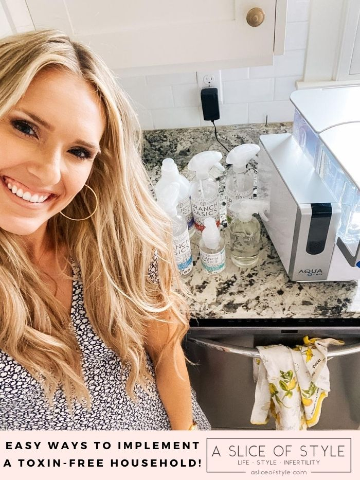 toxin-free home | Branch Basics Reviews by popular Utah lifestyle blog, A Slice of Style: image of Jenica Parcell standing next to bottles of Branch Basics cleaning supplies that are on her kitchen counter. 