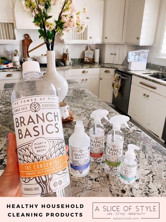 toxin-free home | Branch Basics Reviews by popular Utah lifestyle blog, A Slice of Style: image of Jenica Parcell holding a bottle of Branch Basics. 