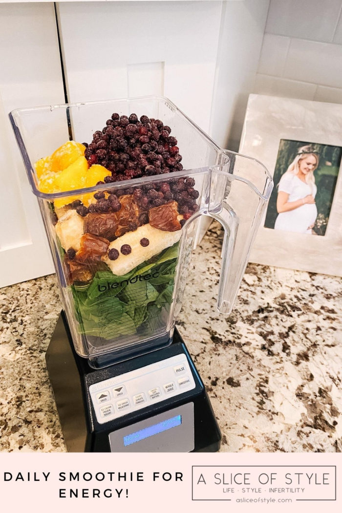 Epstein-Barr Virus by popular Utah lifestyle blog, A Slice of Style: image of a Blendtec blender filled with mangos, dates, bananas, and wild blueberries. 