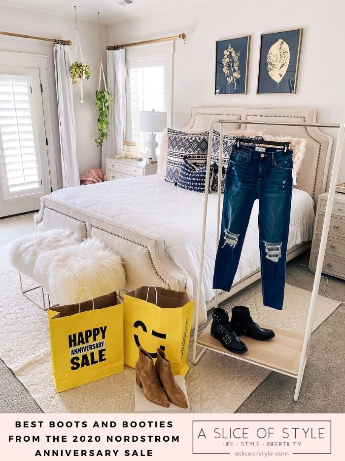 Nordstrom Anniversary Sale by popular Utah fashion blog, A Slice of Style: image of a pair of denim and pair of boots on a clothing rack next to a couple Nordstrom Anniversary Sale shopping bags and a pair of tan suede boots.