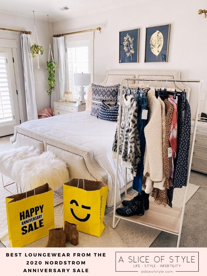 Nordstrom Anniversary Sale by popular Utah fashion blog, A Slice of Style: image of a clothes rack filled with Nordstrom clothes, Nordstrom Anniversary Sale bags, a Tory Burch bag, and a couple pairs of boots. 