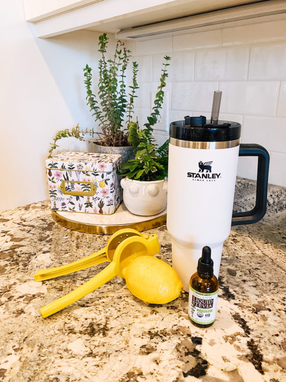 Epstein-Barr | Epstein-Barr Virus by popular Utah lifestyle blog, A Slice of Style: image of a Stanley ADVENTURE QUENCHER TRAVEL TUMBLER next to a lemon, lemon juicer, and liquid stevia. 