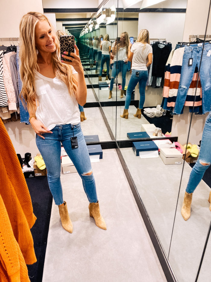 Nordstrom Anniversary Sale by popular Utah fashion blog, A Slice of Style: image of Jenica Parcell wearing a pair of Nordstrom Verdugo Ripped Raw Hem Skinny Jeans PAIGE.