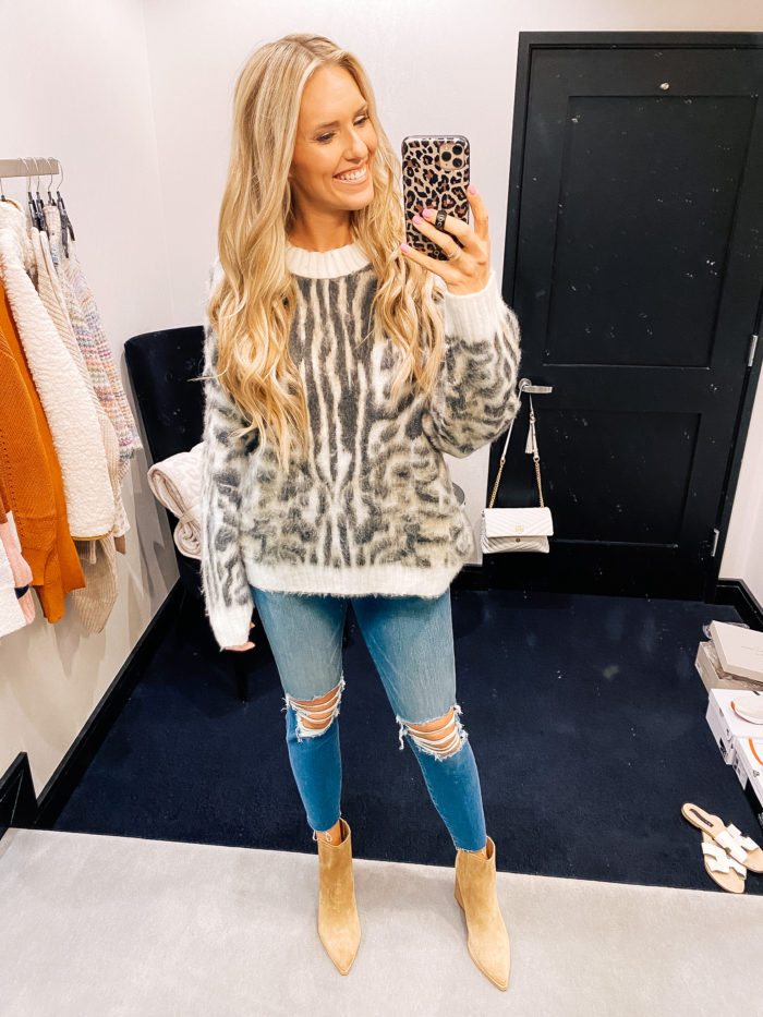 Nordstrom Anniversary Sale by popular Utah fashion blog, A Slice of Style: image of Jenica Parcell wearing a Nordstrom Leopard Brushed Pullover BP..