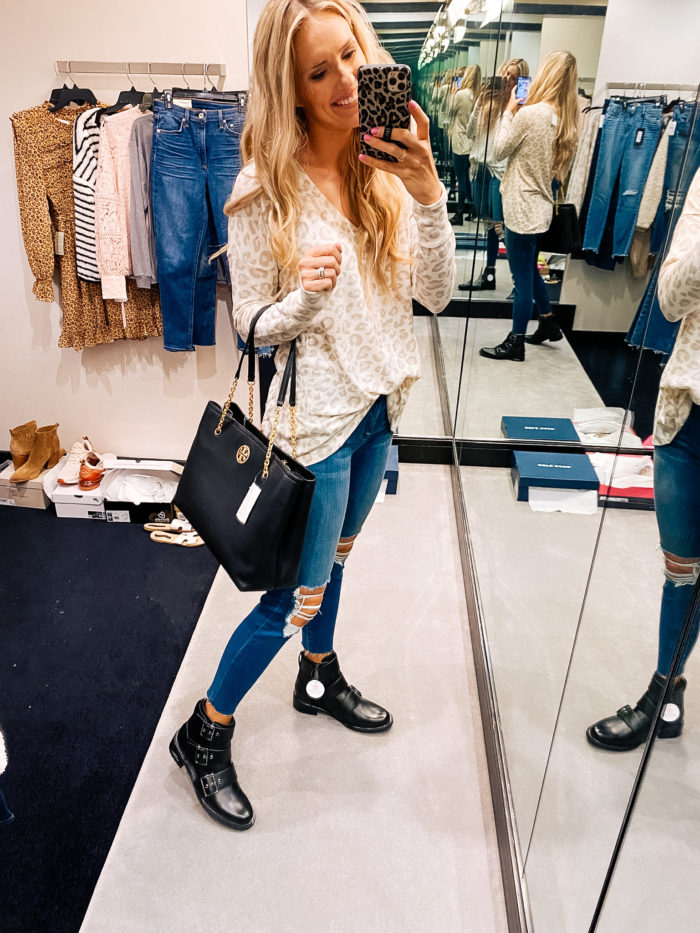 Nordstrom Anniversary Sale by popular Utah fashion blog, A Slice of Style: image of a Jenica Parcell holding a Tory Burch Carson Leather Tote.