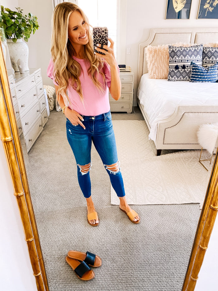 Women's Fashion Tops by popular Utah fashion blog, A Slice of Style: image of Jenica Parcell wearing a pair of Amazon Essentials Women's Single Band Flat Sandals.