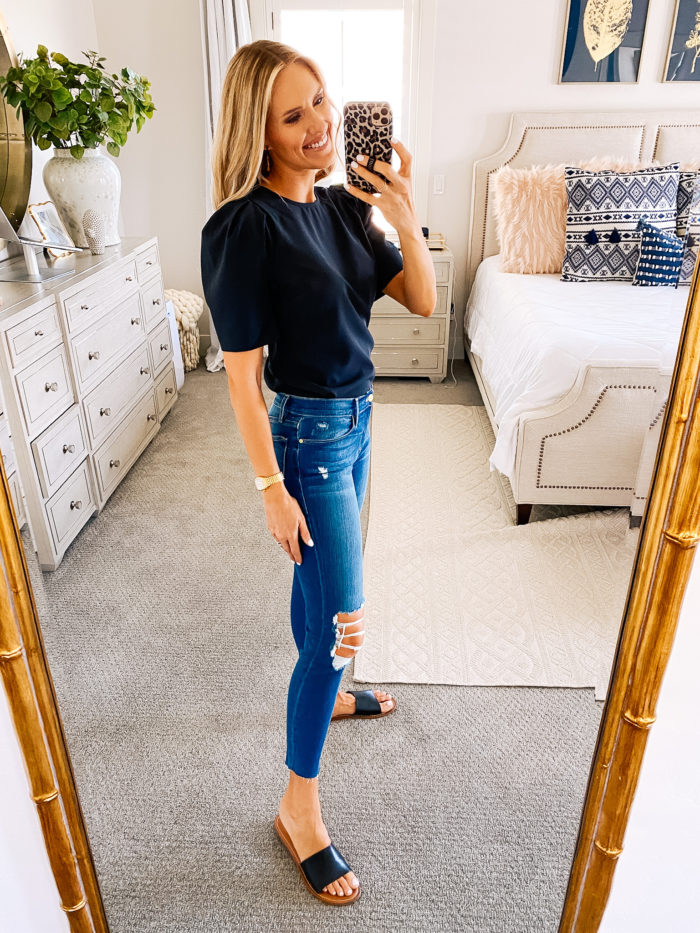 Women's Fashion Tops by popular Utah fashion blog, A Slice of Style: image of Jenica Parcell wearing a Amazon Brand - Lark & Ro Women's Stretch Woven Half Sleeve Crew Neck Shirt