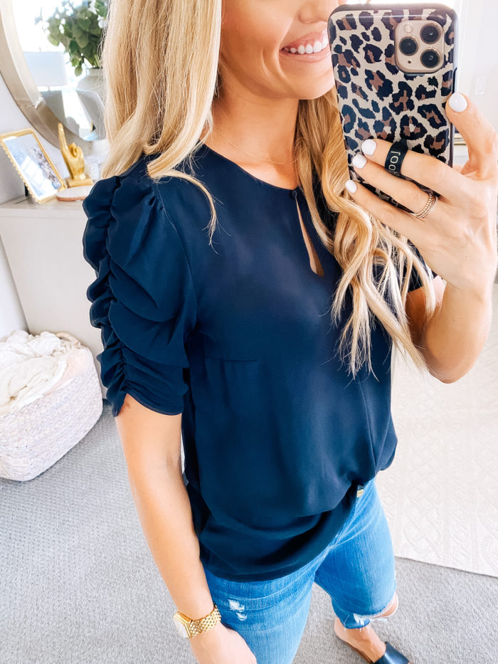 Women's Fashion Tops by popular Utah fashion blog, A Slice of Style: image of Jenica Parcell wearing a Amazon Brand - Lark & Ro Women's Ruched Sleeve Woven Blouse.