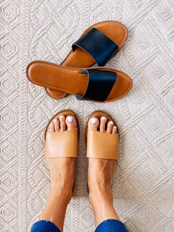 Women's Fashion Tops by popular Utah fashion blog, A Slice of Style: image of Jenica Parcell wearing a pair of Amazon Essentials Women's Single Band Flat Sandals.